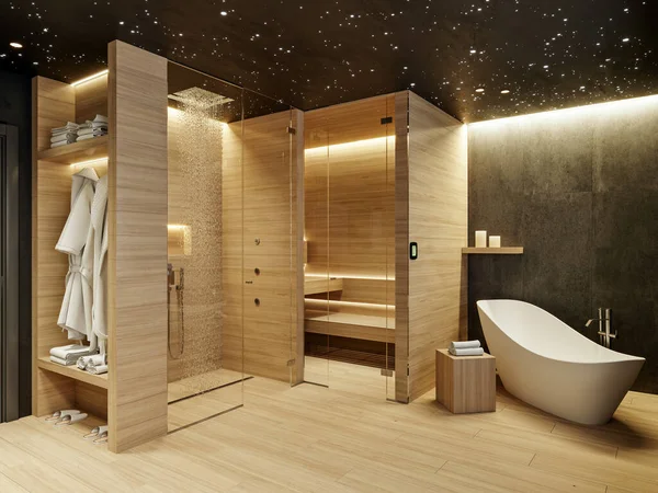 Beautiful modern design of bathroom and spa with star ceiling, 3d rendering, 3d illustration