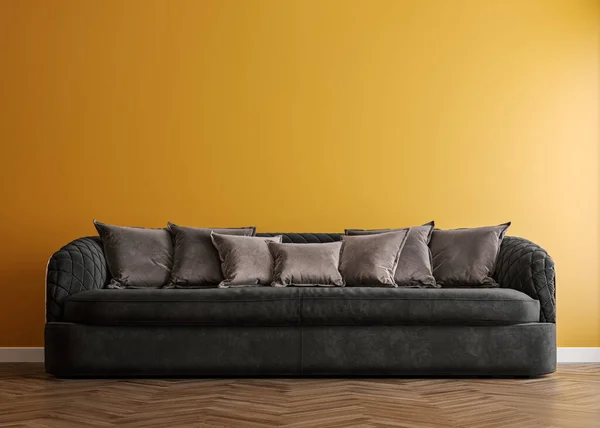 Orange concrete mock-up wall with black velvet sofa and pillows, modern interior, negative copy space above, 3d rendering, 3d illustration