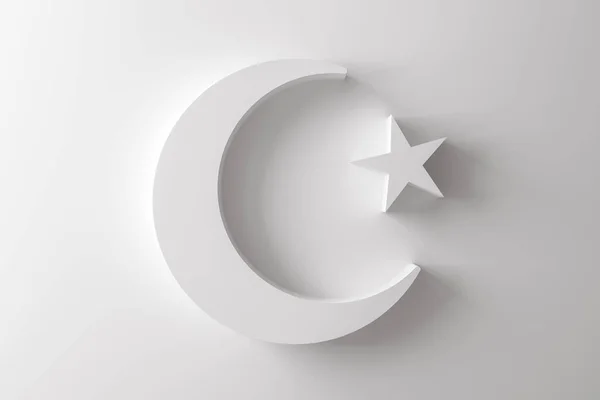 White Crescent and Star on a white background, Islam, religious symbol, 3D Render, 3D illustration