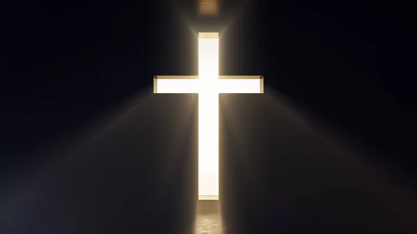 Cross shaped opening in a dark room with bright light shining through, religious symbol, concept of salvation, Christianity, 3D Render, 3D illustration