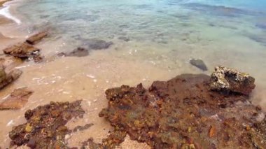 Uzak dağlar ve adalarla kayalık sahil ve denizin manzarası, mavi gökyüzü..