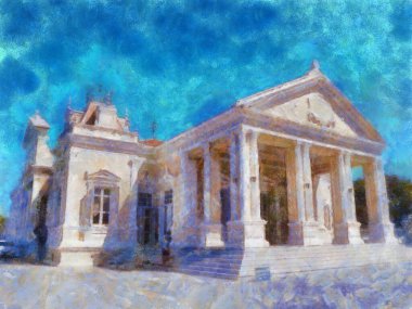 Tebeşirle boyanmış renkli kalemlerle yapılan antik Avrupa mimari çizimleri izlenimci tarzda resimler içeriyor..