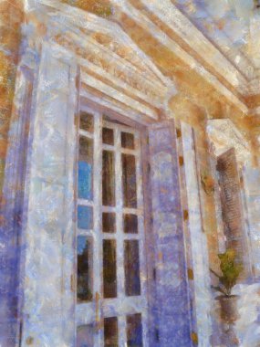 Tebeşirle boyanmış renkli kalemlerle yapılan antik Avrupa mimari çizimleri izlenimci tarzda resimler içeriyor..