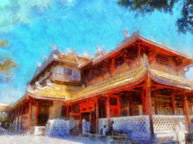 Tebeşirle boyanmış renkli kalemlerle yapılan antik Çin binaları izlenimci tarzda resimler çiziyor..