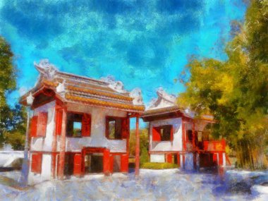 Tebeşirle boyanmış renkli kalemlerle yapılan antik Çin binaları izlenimci tarzda resimler çiziyor..