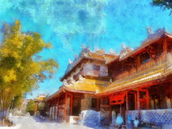 The ancient chinese buildings Illustrations in chalk crayon colored pencils impressionist style paintings.