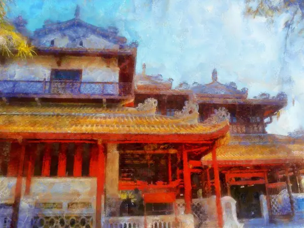 The ancient chinese buildings Illustrations in chalk crayon colored pencils impressionist style paintings.
