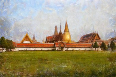 Büyük Saray Bangkok Tayland Manzarası Tebeşirle boyanmış renkli kalemler izlenimci tarzda resimler..