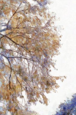 Çalı yapraklı ve dallı büyük bir ağaç Tebeşirle boyanmış renkli kalemler izlenimci tarzda resimler çiziyor..