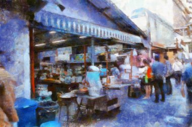 Bangkok şehir manzarası Tebeşirle boyanmış renkli kalemler Empresyonist tarzı tablolar.