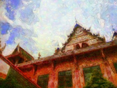 Antik Tayland Tapınağı Tebeşir Boya Çizimleri resim sanatında izlenimcilik yaratıyor.