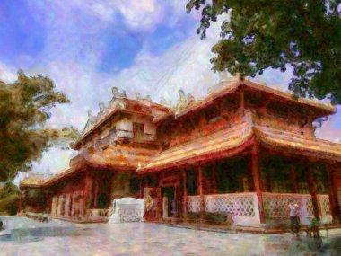 Eski Çin binaları tebeşir boyaları resim sanatında izlenimcilik yaratıyor..