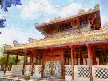 Eski Çin binaları tebeşir boyaları resim sanatında izlenimcilik yaratıyor..