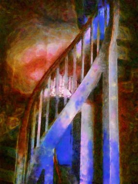 Antik ahşap sarmal merdiven tebeşiri çizimler resim sanatında izlenimcilik yaratıyor..