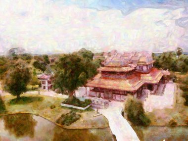 Eski Çin binaları tebeşir boyaları resim sanatında izlenimcilik yaratıyor..
