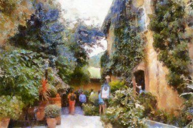 İtalyan mimari binalarının manzarası Toskana mimarisi tebeşir resimleri resim sanatında izlenimcilik yaratıyor.