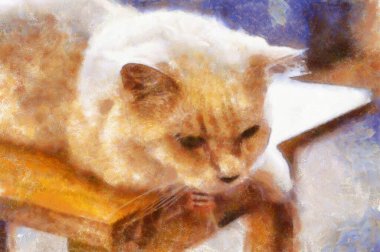 Kediler çeşitli pozlarda tebeşir boyası çizimleri resim sanatında izlenimcilik yaratır..
