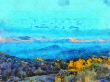 Dağ ve orman manzarası Tebeşir Boya Çizimleri resim sanatında izlenimcilik yaratıyor