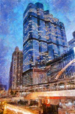 Bangkok Tebeşir Boyası 'ndaki sokakların ve yüksek binaların manzarası resim sanatında izlenimcilik yaratıyor.