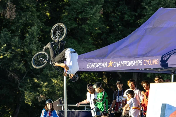 Munich, Germany - Aug 11, 2022: Riders compete at the BMX Freestyle European Championsships at Olympiapark in Munich, Germany. Men's qualifiacation