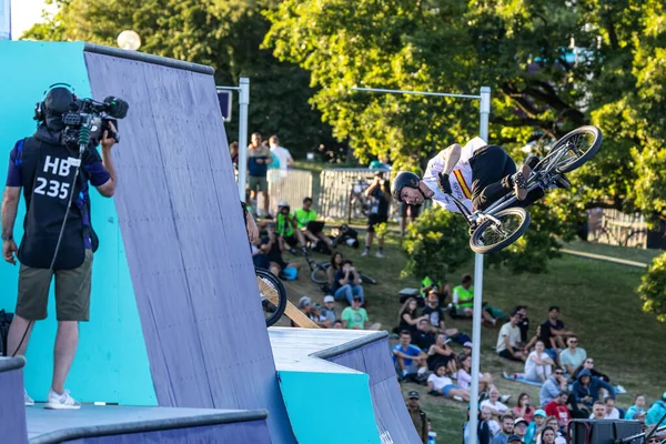 Munich, Germany - Aug 11, 2022: Riders compete at the BMX Freestyle European Championsships at Olympiapark in Munich, Germany. Men's qualifiacation
