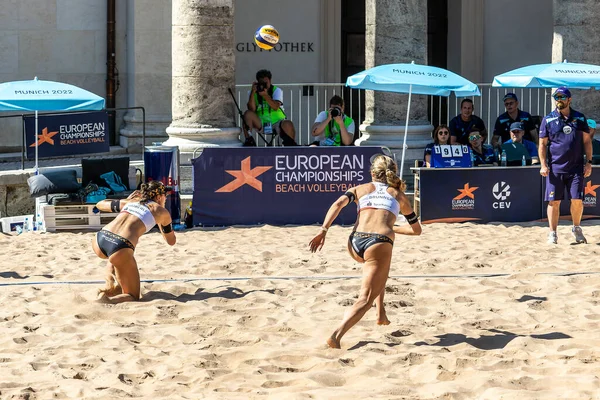 Munich, Germany - Aug 17, 2022: Women's European Beach Volleyball Championships 2022. Spain vs Switzerland