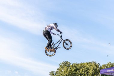 Munich, Germany - Aug 11, 2022: Riders compete at the BMX Freestyle European Championsships at Olympiapark in Munich, Germany. Men's qualifiacation