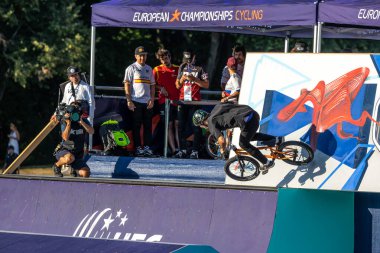 Munich, Germany - Aug 11, 2022: Riders compete at the BMX Freestyle European Championsships at Olympiapark in Munich, Germany. Men's qualifiacation