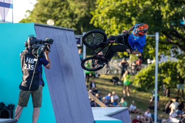 Munich, Germany - Aug 11, 2022: Riders compete at the BMX Freestyle European Championsships at Olympiapark in Munich, Germany. Men's qualifiacation