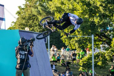 Munich, Germany - Aug 11, 2022: Riders compete at the BMX Freestyle European Championsships at Olympiapark in Munich, Germany. Men's qualifiacation