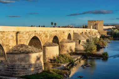 Cordoba, İspanya - 03 Kasım 2022: Roma köprüsü, Guadalquivir nehri boyunca Torre de Calahorra, Calahorra Kulesi, Cordoba, Endülüs, İspanya