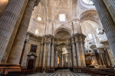 Cadiz, İspanya - 16 Kasım 2022: Cadiz Katedrali, Katedral de Santa Cruz de Cadiz, İspanya. İç kısmın ayrıntıları.