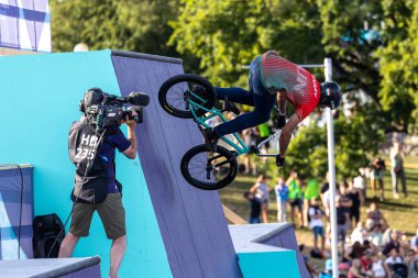 Munich, Germany - Aug 11, 2022: Riders compete at the BMX Freestyle European Championsships at Olympiapark in Munich, Germany. Men's qualifiacation