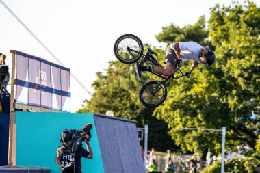 Munich, Germany - Aug 11, 2022: Riders compete at the BMX Freestyle European Championsships at Olympiapark in Munich, Germany. Men's qualifiacation
