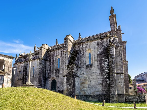 Facade with reliefs of Saint Mary the Bigger, basilica and church, of plateresque style, in Pontevedra city, Galicia, Spain
