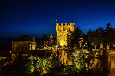 Nightview of the Alcazar Palace and fortress of the Spanish kings in the historical part of Segovia. Spain in Europe