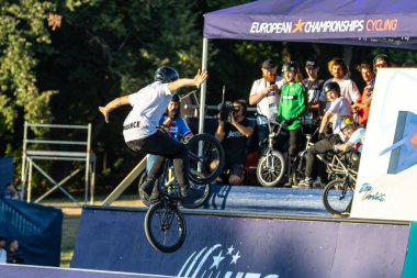 Munich, Germany - Aug 11, 2022: Riders compete at the BMX Freestyle European Championsships at Olympiapark in Munich, Germany. Men's qualifiacation