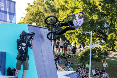 Munich, Germany - Aug 11, 2022: Riders compete at the BMX Freestyle European Championsships at Olympiapark in Munich, Germany. Men's qualifiacation
