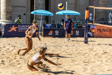Munich, Germany - Aug 17, 2022: Women's European Beach Volleyball Championships 2022. Spain vs Switzerland