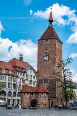Nuremberg, Germany - May 08, 2022: White Tower or Weisser Turm in the old town Nuremberg, Middle Franconia, Bavaria, Germany. Nuremberg is the second largest city of Bavaria state in Germany.