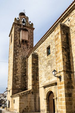 İspanya 'daki Navas del Madrono, Extremadura' daki Iglesia de Nuestra Senora de la O kilisesinin eski taş çan kulesinin tepesindeki leylek yuvası. Leylekler için cennet.