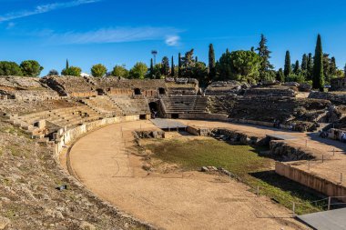 Merida, Spain - Oct 04, 2022: Roman Amphitheatre in Merida, Augusta Emerita in Extremadura, Spain. Roman City - Temples, Theatres, Monuments, Sculptures and Arenas