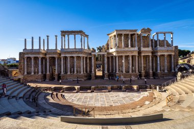 Merida, Spain - Oct 04, 2022: Roman Amphitheatre in Merida, Augusta Emerita in Extremadura, Spain. Roman City - Temples, Theatres, Monuments, Sculptures and Arenas