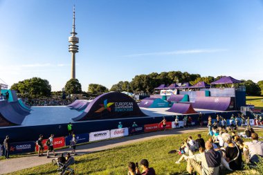 Munich, Germany - Aug 11, 2022: Riders compete at the BMX Freestyle European Championsships at Olympiapark in Munich, Germany. Men's qualifiacation