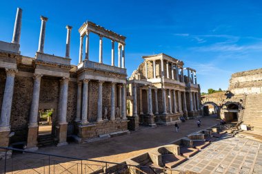 Merida, Spain - Oct 04, 2022: Roman Amphitheatre in Merida, Augusta Emerita in Extremadura, Spain. Roman City - Temples, Theatres, Monuments, Sculptures and Arenas