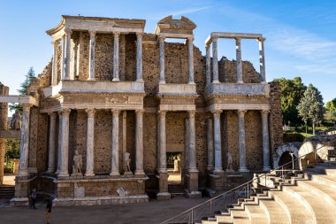 Merida, Spain - Oct 04, 2022: Roman Amphitheatre in Merida, Augusta Emerita in Extremadura, Spain. Roman City - Temples, Theatres, Monuments, Sculptures and Arenas