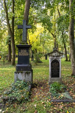 Münih, Almanya - 10 Ekim 2022: Tarihi mezar taşlarıyla ünlü Münih Eski Kuzey Mezarlığı manzarası. Cenazeler 1944 'ten beri burada yapılmadı. Bunun yerine mezarlık bir park olarak kullanılıyor..