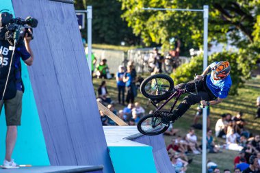 Munich, Germany - Aug 11, 2022: Riders compete at the BMX Freestyle European Championsships at Olympiapark in Munich, Germany. Men's qualifiacation
