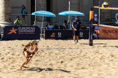 Munich, Germany - Aug 17, 2022: Women's European Beach Volleyball Championships 2022. Spain vs Switzerland