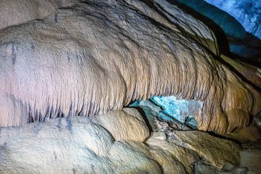 Limestone cave of stalactite and stalagmite formations, the Gruta da Lapa Doce Cave, tourist attraction of Chapada Diamantina in Bahia, Brazil.